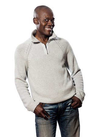 Casual mature afro American man standing smiling in studio with hands in pocket on isolated white background Stock Photo - Budget Royalty-Free & Subscription, Code: 400-07101520