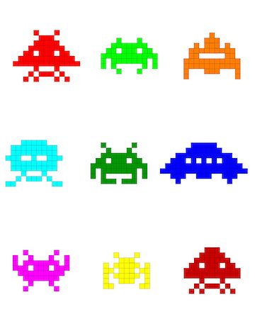 colorful silhouettes of space invaders on a white background Foto de stock - Super Valor sin royalties y Suscripción, Código: 400-07101743