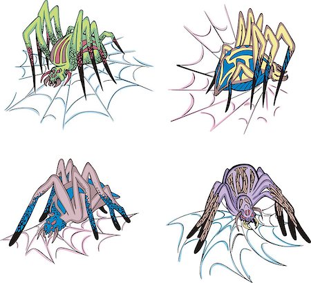 simsearch:400-08200203,k - Spiders on web. Set of colorful vector illustrations. Foto de stock - Royalty-Free Super Valor e Assinatura, Número: 400-07101846