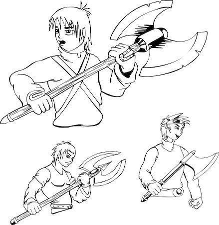 simsearch:400-07101892,k - Anime warriors with poleaxe. Set of black and white outline vector illustrations. Stock Photo - Budget Royalty-Free & Subscription, Code: 400-07101892