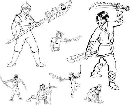 simsearch:400-07101892,k - Anime warriors with blades. Set of black and white outline vector illustrations. Stock Photo - Budget Royalty-Free & Subscription, Code: 400-07101893
