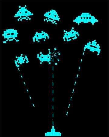 battle with space invaders on a black background Foto de stock - Super Valor sin royalties y Suscripción, Código: 400-07101912