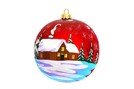 simsearch:400-06477568,k - Christmas jewelry and toys - a ball for a New Year tree, a winter lodge in the wood, a place for the text, isolated on a white background Stockbilder - Microstock & Abonnement, Bildnummer: 400-07102493