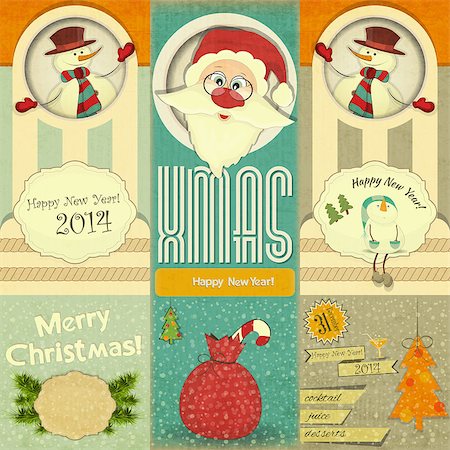 Old Christmas and New Year Postcard with Santa Claus, Snowman and Christmas Decorations in Retro Style on a Vintage background. Vector illustration. Fotografie stock - Microstock e Abbonamento, Codice: 400-07102647