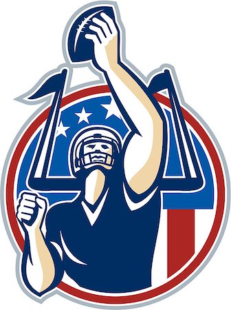 simsearch:400-07316059,k - Illustration of an american football gridiron quarterback player holding up ball facing front set inside circle with stars and stripes flag done in retro style. Photographie de stock - Aubaine LD & Abonnement, Code: 400-07103343