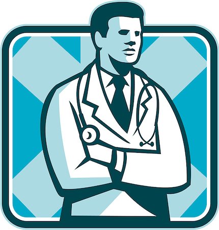 stethoscopes art - Illustration of a male medical doctor with stethoscope standing facing side set inside square done in retro style. Stock Photo - Budget Royalty-Free & Subscription, Code: 400-07103368