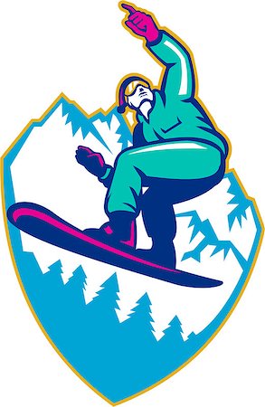 snowboards vector - Illustration of a snowboarding jumping on snowboard pointing forward set inside crest shield with mountain alps and alpine trees in background. Stock Photo - Budget Royalty-Free & Subscription, Code: 400-07103395