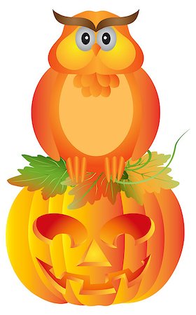 simsearch:400-07103646,k - Happy Halloween Orange Fall Color Cartoon Owl Sitting on Jack O Lantern Carved Pumpkin Isolated on White Background Illustration Stock Photo - Budget Royalty-Free & Subscription, Code: 400-07103626