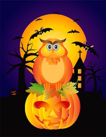 simsearch:400-07103646,k - Happy Halloween Orange Fall Color Cartoon Owl Sitting on Jack O Lantern Pumpkin with Bats Moon Cemetery Background Illustration Stock Photo - Budget Royalty-Free & Subscription, Code: 400-07103645