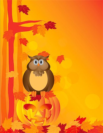 simsearch:400-06391236,k - Happy Halloween Orange Fall Color Cartoon Owl Sitting on Jack O Lantern Carved Pumpkin with Fall Color Maple Tree Leaves Background Illustration Fotografie stock - Microstock e Abbonamento, Codice: 400-07103646