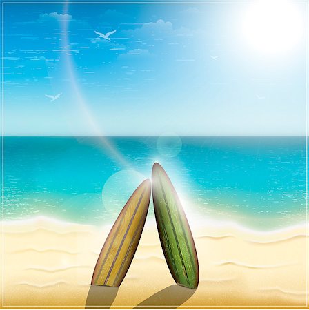 summer beach abstract - Old surf boards on ocean beach. Vector illustration Foto de stock - Super Valor sin royalties y Suscripción, Código: 400-07103936