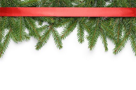red ribbon and plant - border from fir twigs and ribbon with shadow, on white background Foto de stock - Super Valor sin royalties y Suscripción, Código: 400-07114078