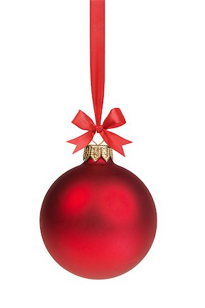 single christmas ball ornament - red christmas ball hanging on ribbon with bow, isolated on white Stock Photo - Budget Royalty-Free & Subscription, Code: 400-07114851