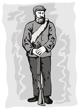 soldier standing with gun - Illustration of Civil War soldier standing holding a shotgun done in retro style. Stock Photo - Budget Royalty-Free & Subscription, Code: 400-07115115