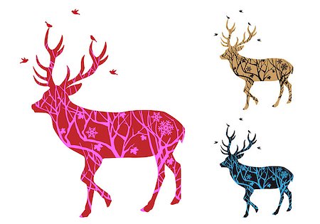 simsearch:400-07115285,k - Christmas deer with winter tree pattern and birds, vector illustration Stock Photo - Budget Royalty-Free & Subscription, Code: 400-07115285