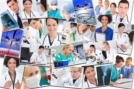 A photo montage of interracial medical workers people, men, women, doctors, nurses & teams in hospital and laboratories conducting research, analysing samples and x-rays Stock Photo - Budget Royalty-Free & Subscription, Code: 400-07115490