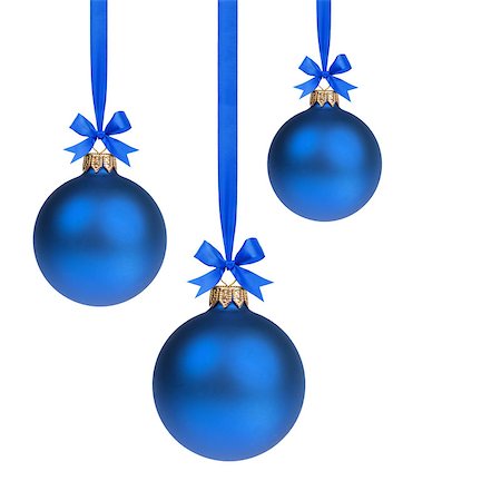 composition from three blue christmas balls hanging on ribbon, white background Stock Photo - Budget Royalty-Free & Subscription, Code: 400-07115550