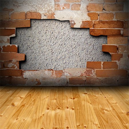 interior architectural background with cracked wall and wooden floor Stock Photo - Budget Royalty-Free & Subscription, Code: 400-07115762