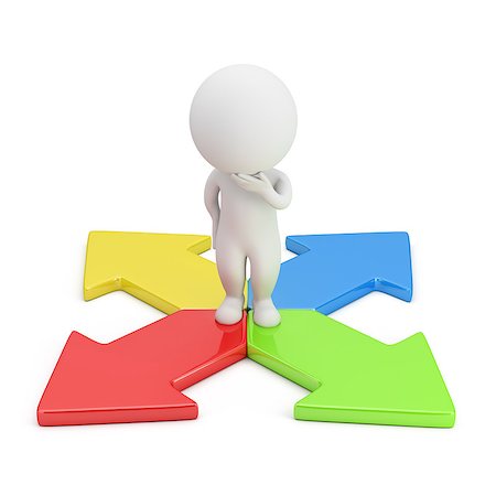 3d small person in a thoughtful pose standing on colorful arrows. 3d image. White background. Foto de stock - Super Valor sin royalties y Suscripción, Código: 400-07115854