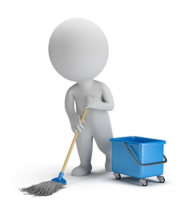 3d small person cleaner with a mop and bucket. 3d image. Isolated white background. Foto de stock - Super Valor sin royalties y Suscripción, Código: 400-07115932