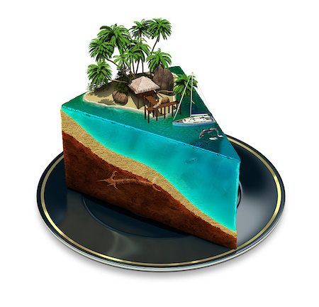 simsearch:400-07039613,k - Piece of cake on a plate with a tropical island top. 3d image. Isolated white background. Stock Photo - Budget Royalty-Free & Subscription, Code: 400-07115973