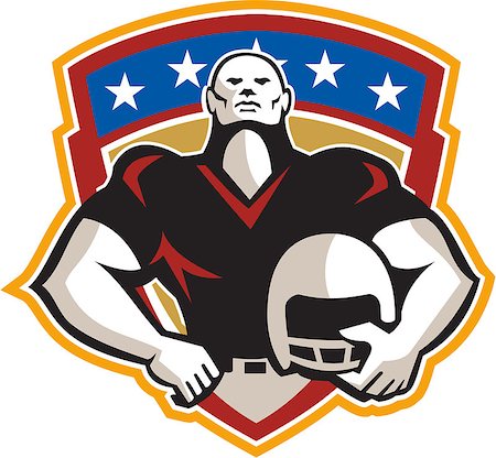 simsearch:400-07835465,k - Illustration of an american football gridiron tackle linebacker player hand on hip holding helmet facing front set inside crest shield with stars done in retro style. Stock Photo - Budget Royalty-Free & Subscription, Code: 400-07115984