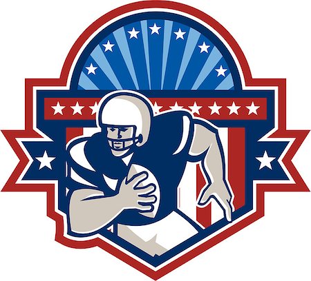 simsearch:400-07316059,k - Illustration of an american football gridiron quarterback player throwing ball facing front set inside crest shield with ribbon, stars and sunburst done in retro style on isolated background. Photographie de stock - Aubaine LD & Abonnement, Code: 400-07115988
