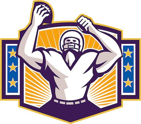 simsearch:400-07316059,k - Illustration of an american football gridiron wide receiver running back player celebrating a touchdown facing front set inside shield crest with stars and sunburst done in retro style on isolated background. Photographie de stock - Aubaine LD & Abonnement, Code: 400-07115983