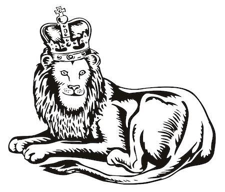Illustration of a lion with a crown sitting lying isolated on white background done in retro style. Stock Photo - Budget Royalty-Free & Subscription, Code: 400-07116007
