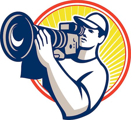 illustration of a cameraman film crew shooting with hd video movie camera set inside circle done in retro style on isolated white background. Stock Photo - Budget Royalty-Free & Subscription, Code: 400-07116000