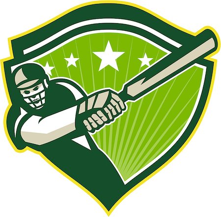 Illustration of a cricket player batsman with bat batting facing front set inside shield with stars done in retro style. Stock Photo - Budget Royalty-Free & Subscription, Code: 400-07116001