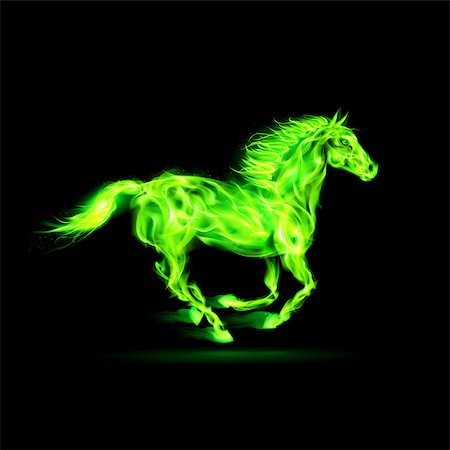 simsearch:400-07252708,k - Running green fire horse on black background. Foto de stock - Super Valor sin royalties y Suscripción, Código: 400-07116144