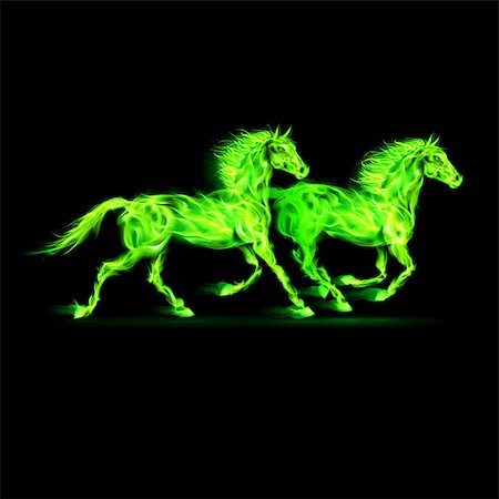 simsearch:400-07252708,k - Two running fire horses in green on black background. Foto de stock - Super Valor sin royalties y Suscripción, Código: 400-07116146