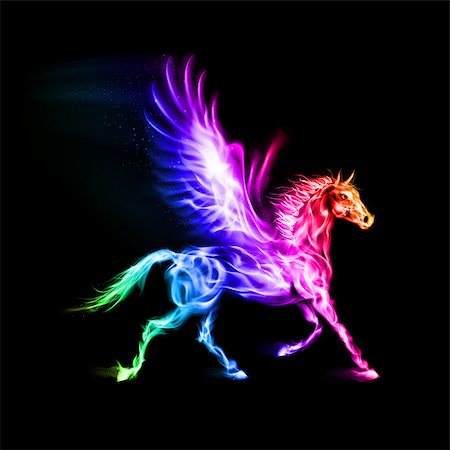 simsearch:400-07257318,k - Fire Pegasus in spectrum colors on black background. Fotografie stock - Microstock e Abbonamento, Codice: 400-07116153