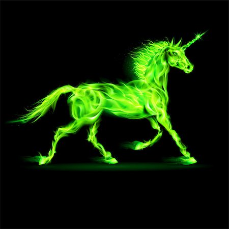 simsearch:400-07252708,k - Illustration of green fire unicorn on black background. Foto de stock - Super Valor sin royalties y Suscripción, Código: 400-07116161