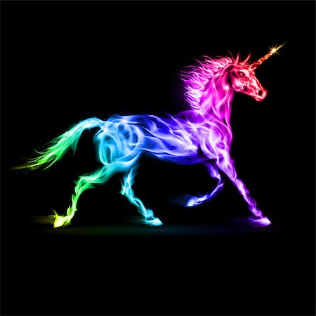 simsearch:400-07252708,k - Fire unicorn in spectrum colors on black background. Foto de stock - Super Valor sin royalties y Suscripción, Código: 400-07116162