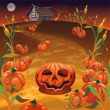 simsearch:400-07507914,k - Pumpkins in the field. Funny cartoon and vector Halloween illustration. Photographie de stock - Aubaine LD & Abonnement, Code: 400-07116602