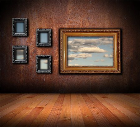 architectural interior  backdrop with wooden frames on grunge wall Stock Photo - Budget Royalty-Free & Subscription, Code: 400-07116819