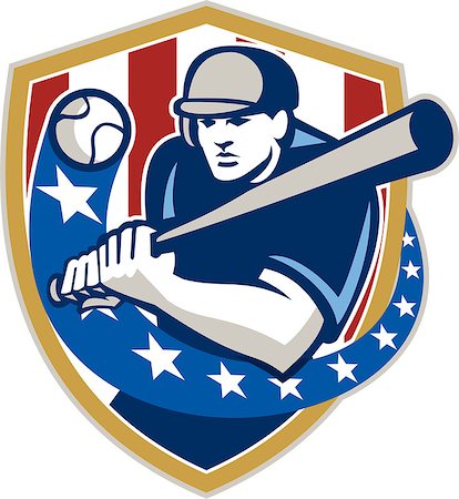 simsearch:400-06891855,k - Illustration of a american baseball player batter hitter holding bat batting set inside crest shield shape with stars and stripes done in retro style isolated on white background. Fotografie stock - Microstock e Abbonamento, Codice: 400-07116845