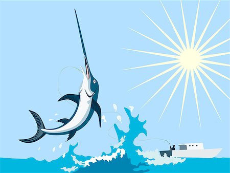 Illustration of a swordfish jumping sideways with sun and fishing boat in the background done in retro style. Stock Photo - Budget Royalty-Free & Subscription, Code: 400-07116849