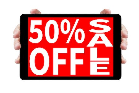sales person with a tablet - female teen hands showing tablet pc with sale offer, isolated Stock Photo - Budget Royalty-Free & Subscription, Code: 400-07116975