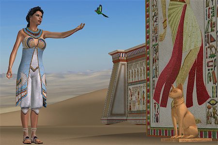 Amunet, an Egyptian queen, plays with her green parrot in ancient Egypt. Stock Photo - Budget Royalty-Free & Subscription, Code: 400-07111146