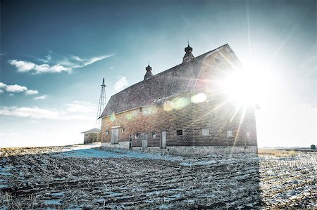 Barn in a field during winter the sun causing a lens flare Stockbilder - Microstock & Abonnement, Bildnummer: 400-07111332
