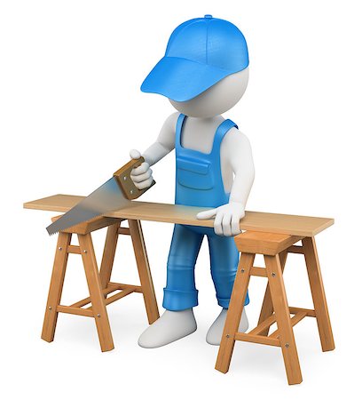simsearch:400-04364349,k - 3d white person carpenter cutting wood with a handsaw. Isolated white background. Stock Photo - Budget Royalty-Free & Subscription, Code: 400-07111347