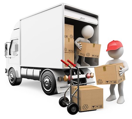 3d white persons unloading boxes from a truck to a hand truck. 3d image. Isolated white background. Stock Photo - Budget Royalty-Free & Subscription, Code: 400-07111343