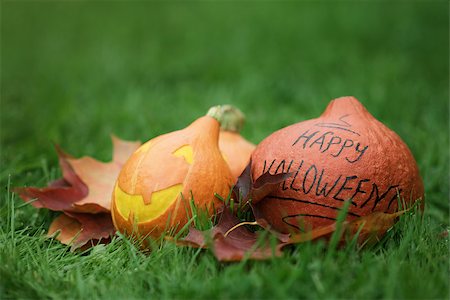 simsearch:400-08776231,k - three Halloween pumpkins on green grass, horizontal photo Stockbilder - Microstock & Abonnement, Bildnummer: 400-07112998