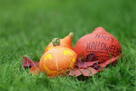 simsearch:400-08776231,k - three Halloween pumpkins on green grass, horizontal photo Stockbilder - Microstock & Abonnement, Bildnummer: 400-07112999