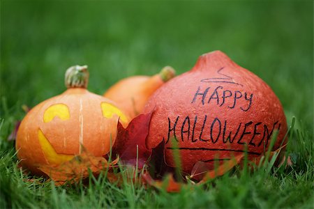 simsearch:400-08776231,k - three Halloween pumpkins on green grass, horizontal photo Stockbilder - Microstock & Abonnement, Bildnummer: 400-07113000