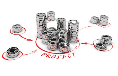 fund-raising - Stacks of generic coins over white background with red arrows pointing the highest pile. Conceptual 3D render for money investment or collaborative finance. Foto de stock - Super Valor sin royalties y Suscripción, Código: 400-07124421