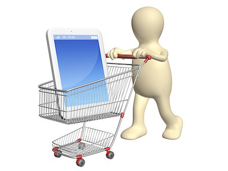 simsearch:400-04268576,k - 3d puppet with shopping cart and smartphone. Isolated on white background Foto de stock - Super Valor sin royalties y Suscripción, Código: 400-07124524